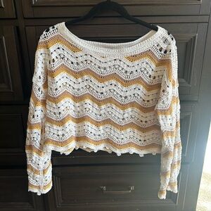 Crochet Wave-Stripe White and orange Women’s Sweater